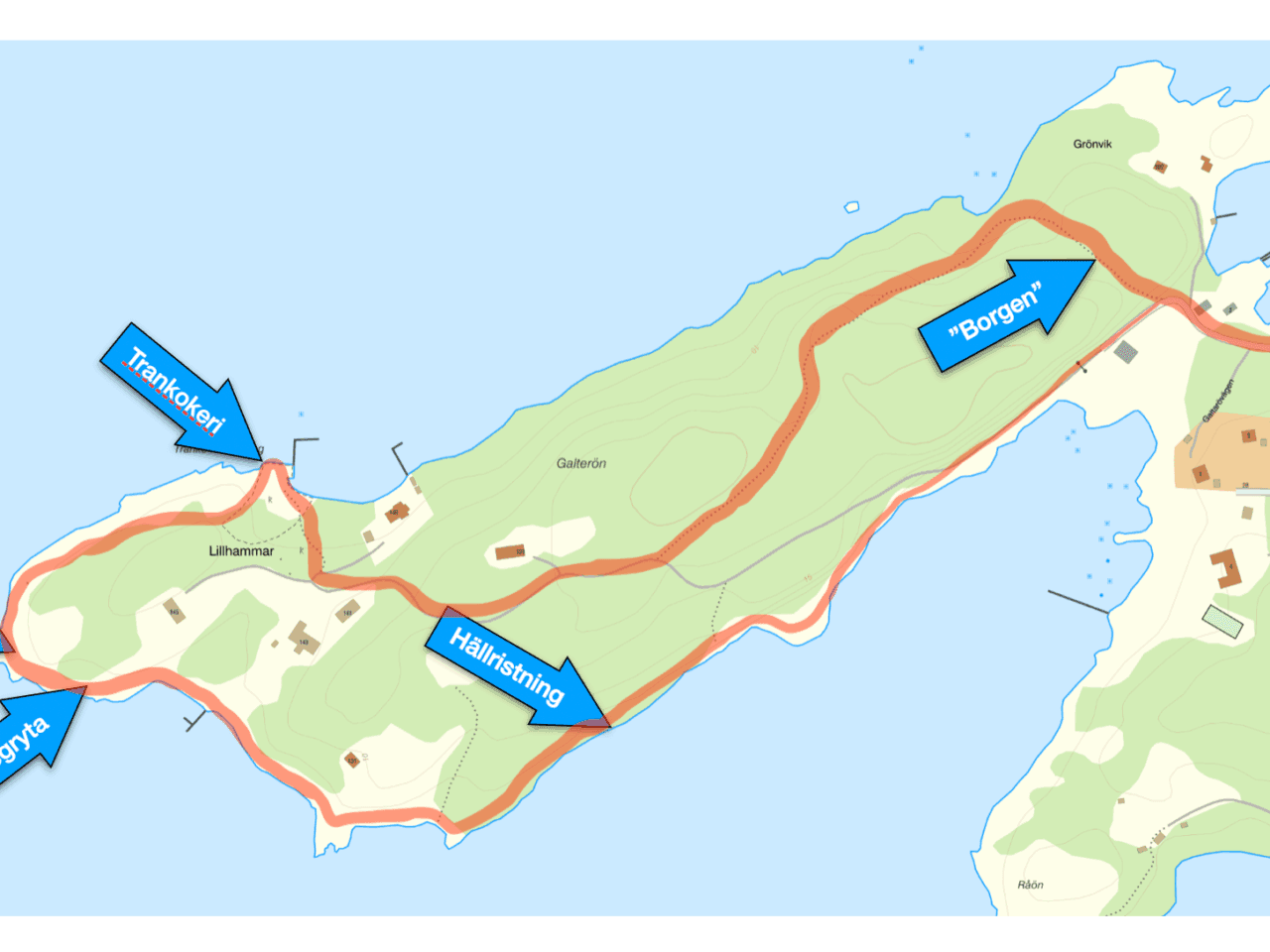 Karta över Galtarön med vandringsförslag
